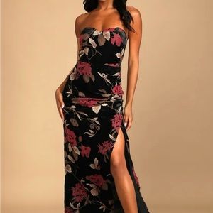 Lulu’s Exquisite Black Floral Burnout Velvet Strapless Maxi Dress